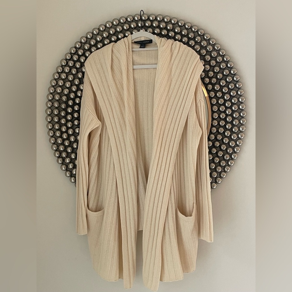 Ralph Lauren Black Label Cashmere Hooded Cardigan with Leather Elbow Patches